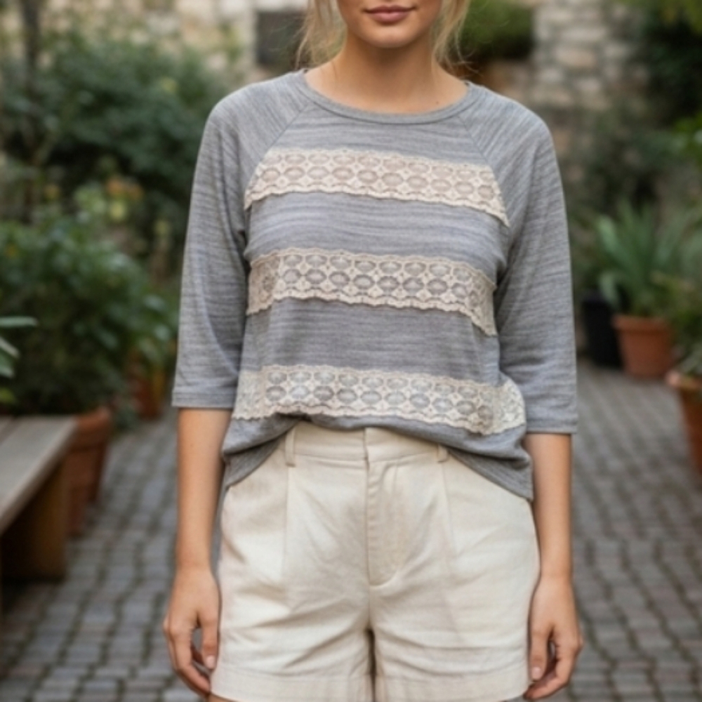 1775  Feminine Heathered Top with Lace Inserts